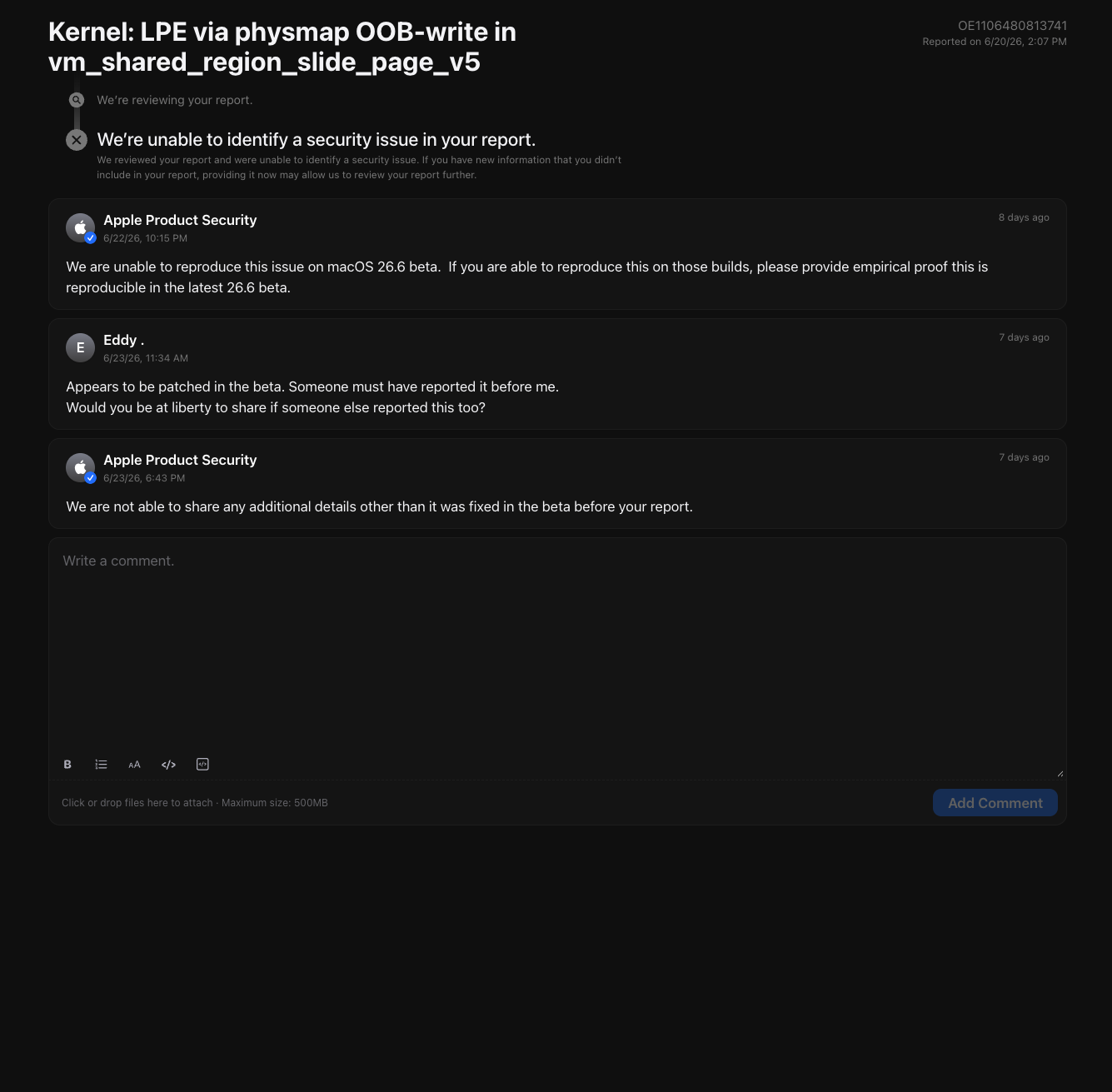 Apple closed the report as already fixed: ‘it was fixed in the beta before your report.’