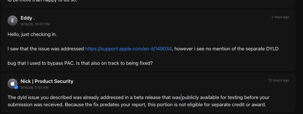 Apple Product Security&rsquo;s response on the dyld report.