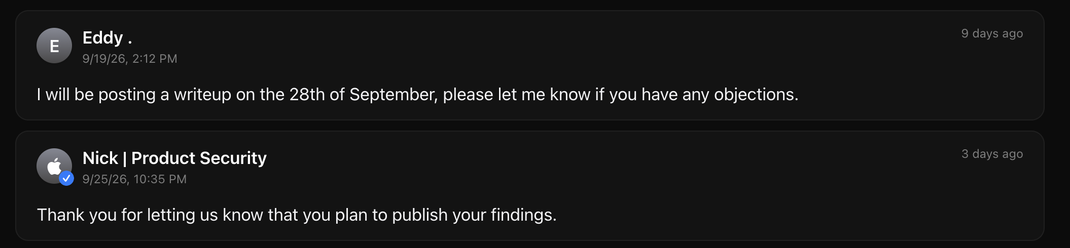 Apple Product Security&rsquo;s response to my publication notice.