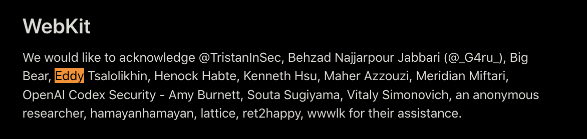 Apple&rsquo;s WebKit security acknowledgements.